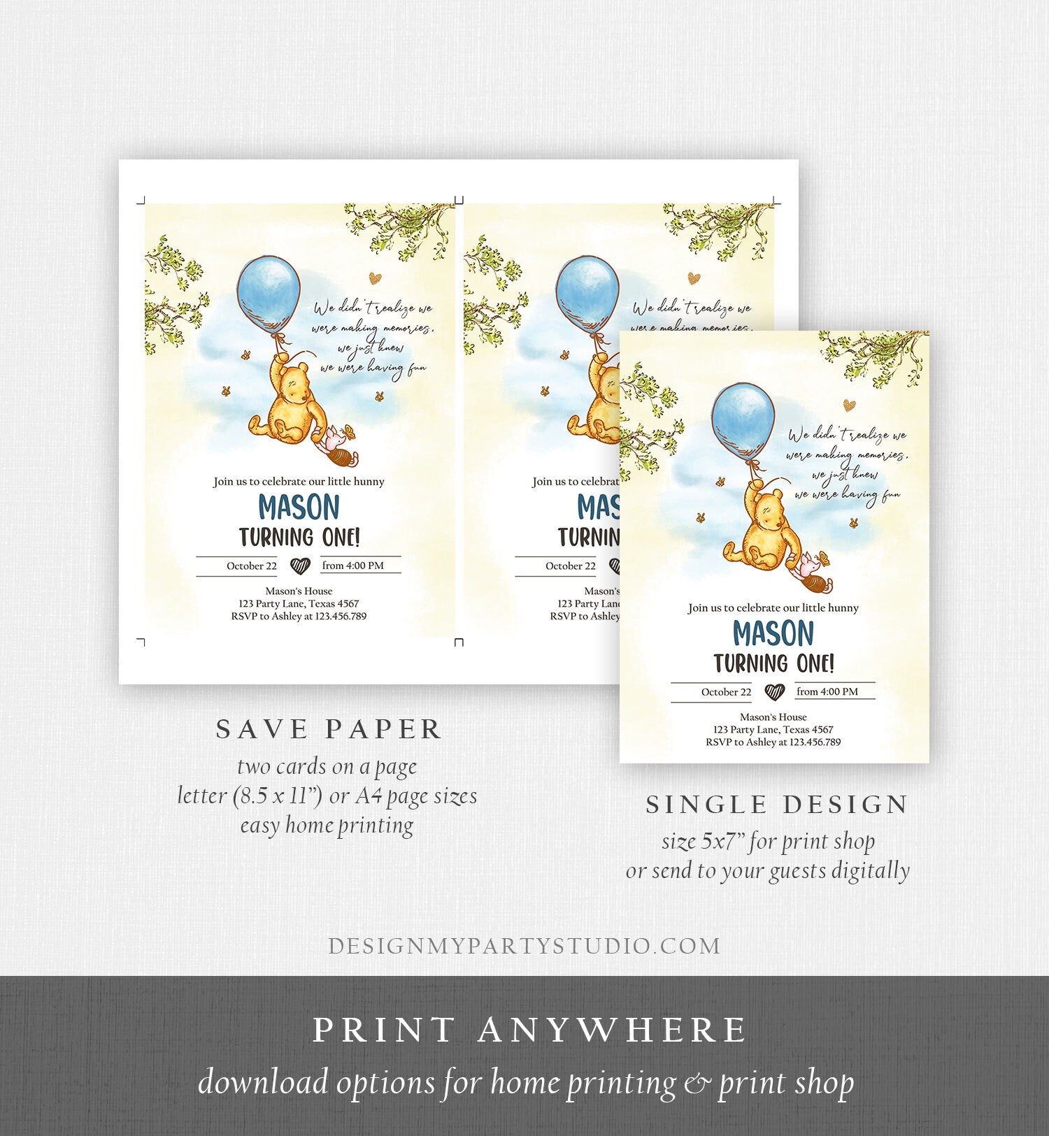 Editable Winnie The Pooh Invitation Boy Blue Rustic Classic Winnie The Pooh 1st Birthday Invite Digital Corjl Template Printable 0425