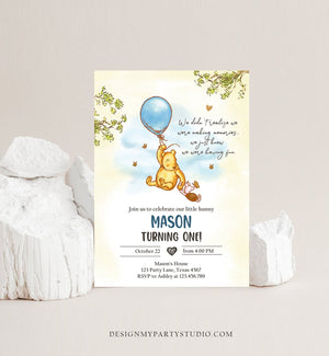 Editable Winnie The Pooh Invitation Boy Blue Rustic Classic Winnie The Pooh 1st Birthday Invite Digital Corjl Template Printable 0425