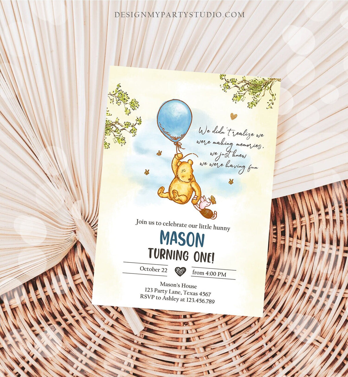 Editable Winnie The Pooh Invitation Boy Blue Rustic Classic Winnie The Pooh 1st Birthday Invite Digital Corjl Template Printable 0425