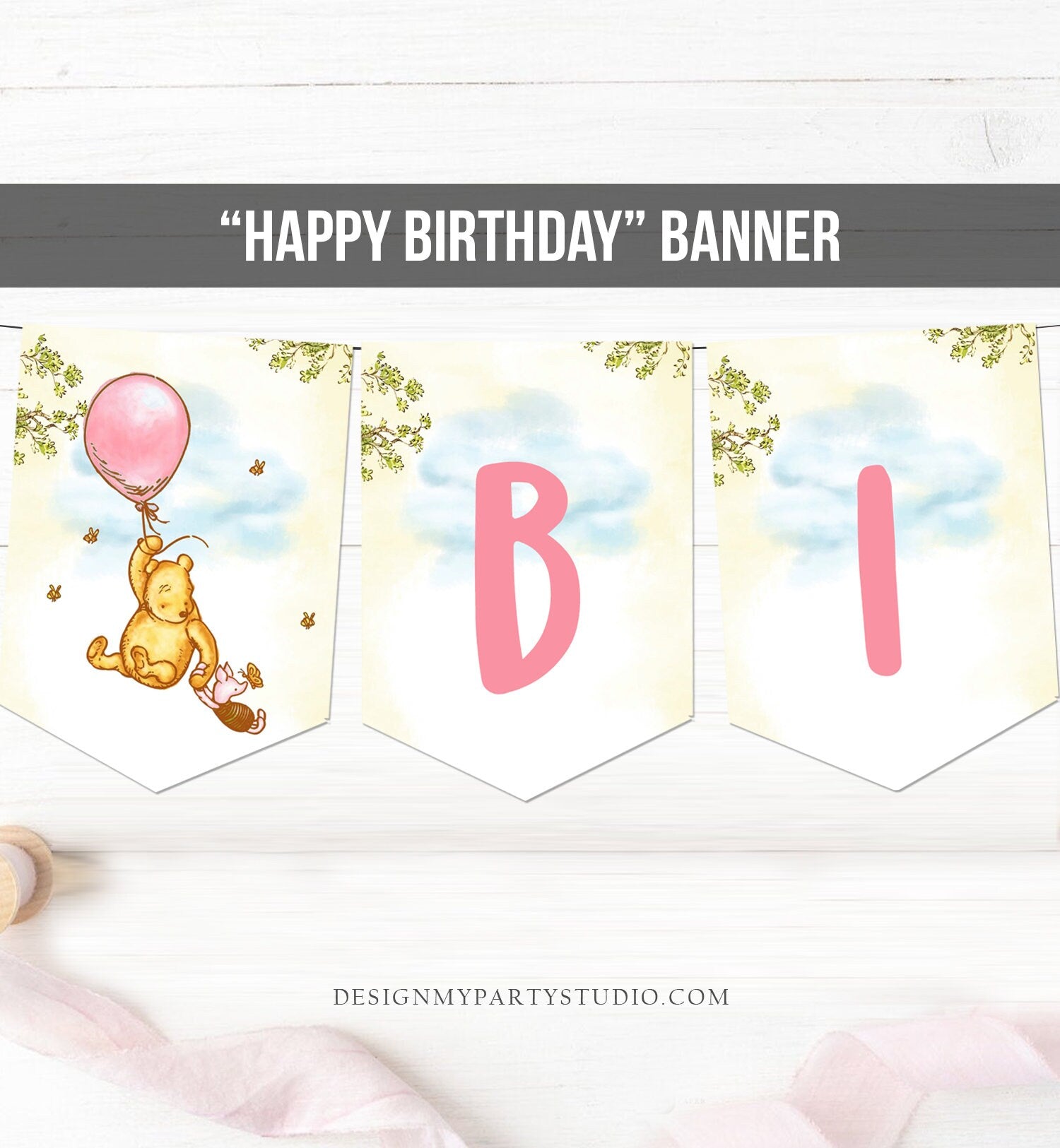 Happy Birthday Banner Winnie The Pooh Birthday Banner Girl Pooh Party Decor Pink Classic Flags Instant download PRINTABLE DIGITAL DIY 0425