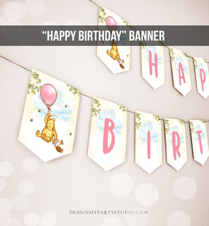 Happy Birthday Banner Winnie The Pooh Birthday Banner Girl Pooh Party Decor Pink Classic Flags Instant download PRINTABLE DIGITAL DIY 0425