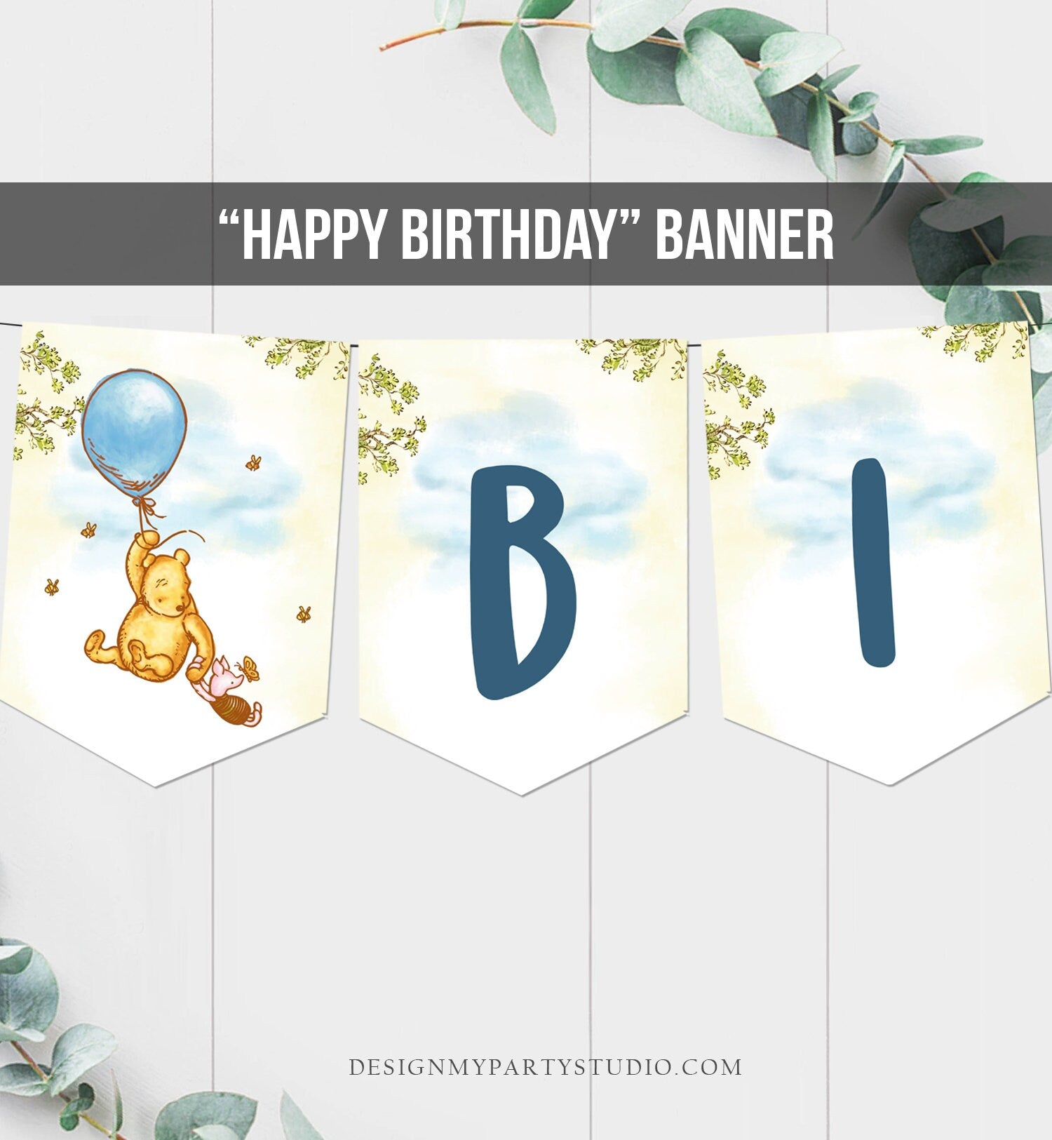 Happy Birthday Banner Winnie The Pooh Birthday Banner Boy Pooh Party Decor Blue Classic Flags Instant download PRINTABLE DIGITAL DIY 0425