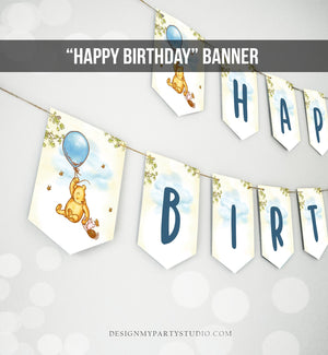 Happy Birthday Banner Winnie The Pooh Birthday Banner Boy Pooh Party Decor Blue Classic Flags Instant download PRINTABLE DIGITAL DIY 0425