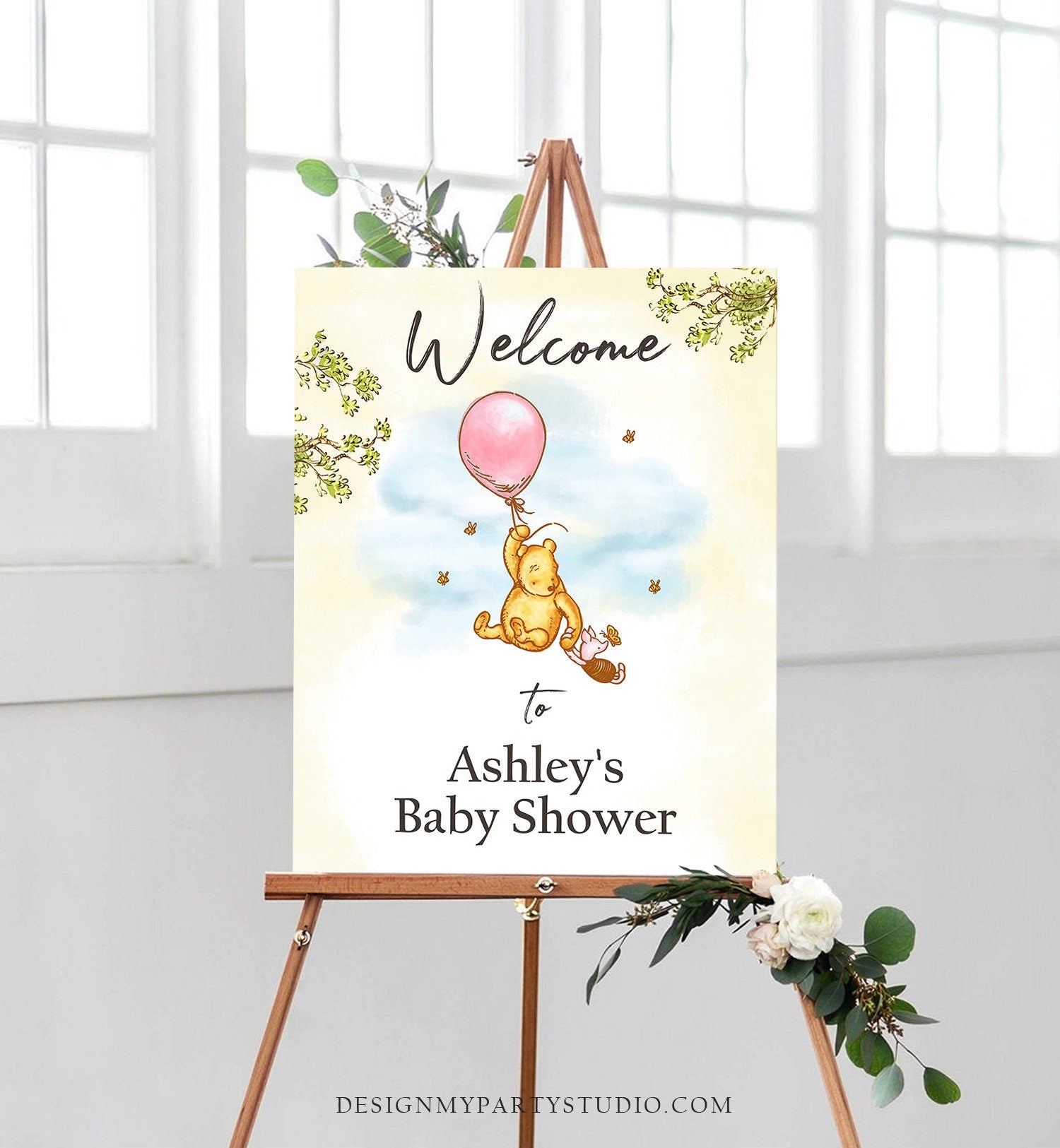 Editable Winnie The Pooh Welcome Sign Pooh Baby Shower Girl Pink Classic Winnie The Pooh Party Decor Corjl Template Printable 0425