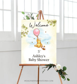 Editable Winnie The Pooh Welcome Sign Pooh Baby Shower Girl Pink Classic Winnie The Pooh Party Decor Corjl Template Printable 0425