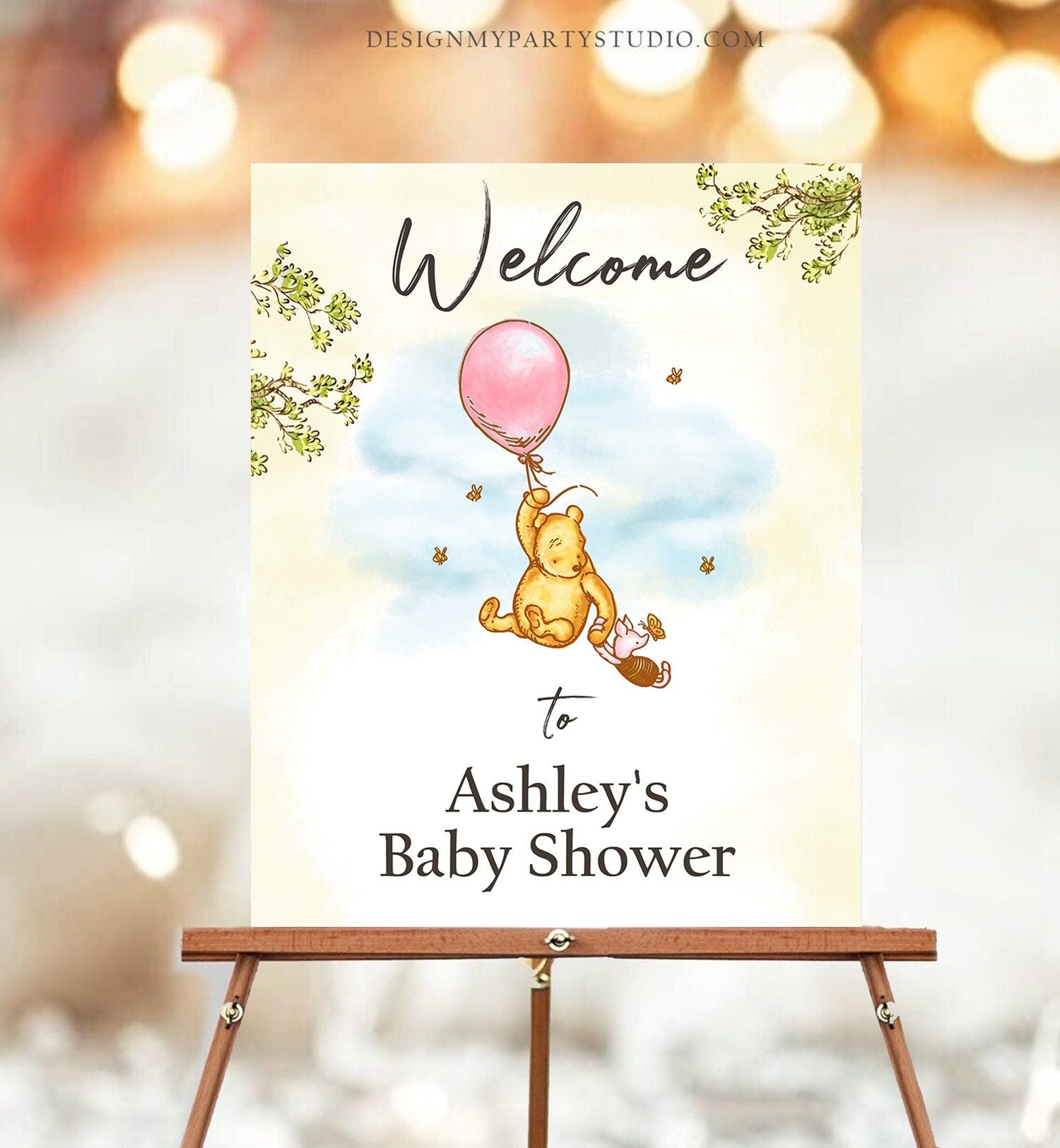 Editable Winnie The Pooh Welcome Sign Pooh Baby Shower Girl Pink Classic Winnie The Pooh Party Decor Corjl Template Printable 0425