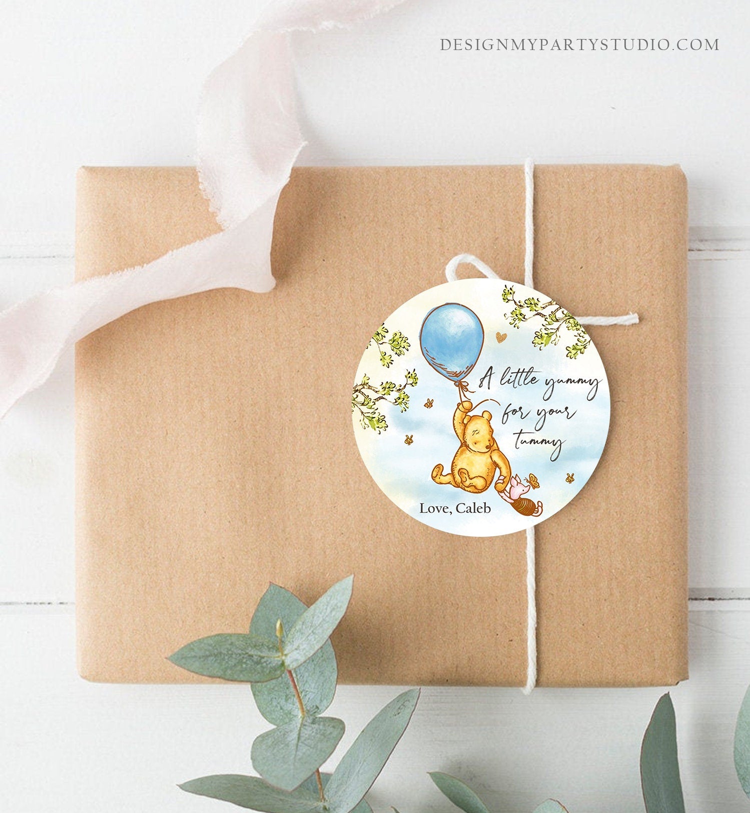 Editable Winnie The Pooh Favor Tags Pooh Baby Shower Thank you Sticker Birthday Yummy for Your Tummy Printable Download Corjl Template 0425