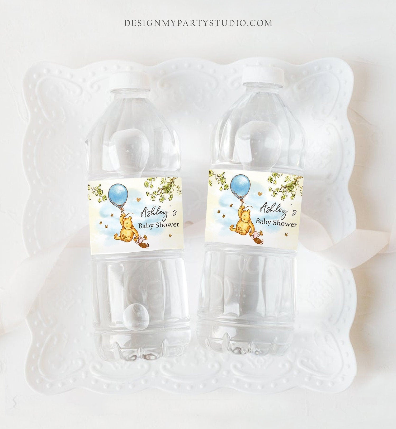 Editable Classic Winnie The Pooh Water Bottle Labels Pooh Baby Shower Pooh Party Decor Boy Blue Birthday Printable Template Corjl 0425