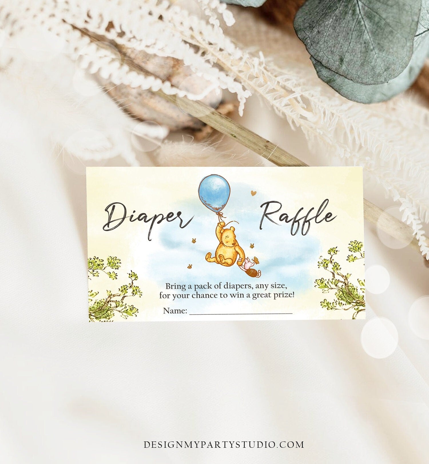 Editable Diaper Raffle Ticket Winnie The Pooh Diaper Game Card Classic Pooh Baby shower insert Boy Download Template Corjl PRINTABLE 0425