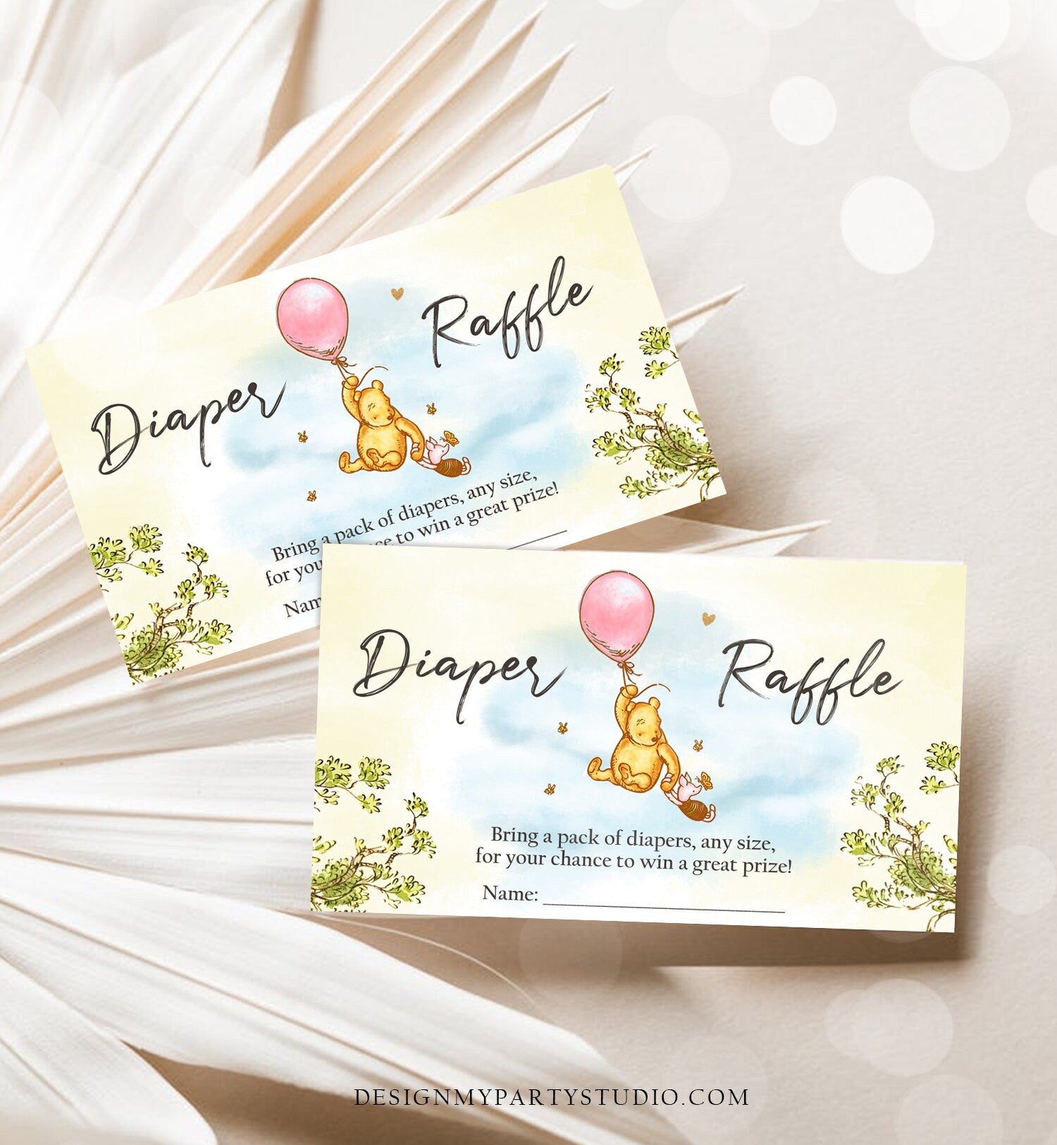 Editable Diaper Raffle Ticket Winnie The Pooh Diaper Game Card Classic Pooh Baby shower insert Girl Download Template Corjl PRINTABLE 0425