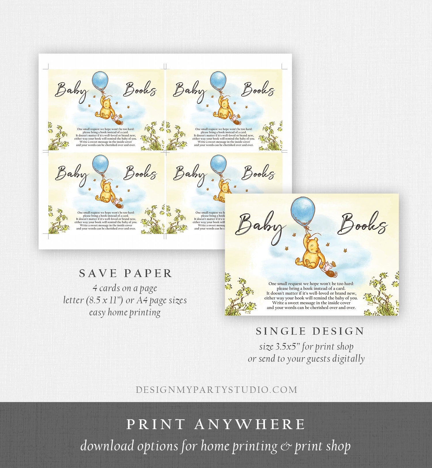 Editable Winnie The Pooh Bring a Book Card Classic Pooh Baby Shower Book Insert Books for Baby Boy Rustic Template PRINTABLE Corjl 0425