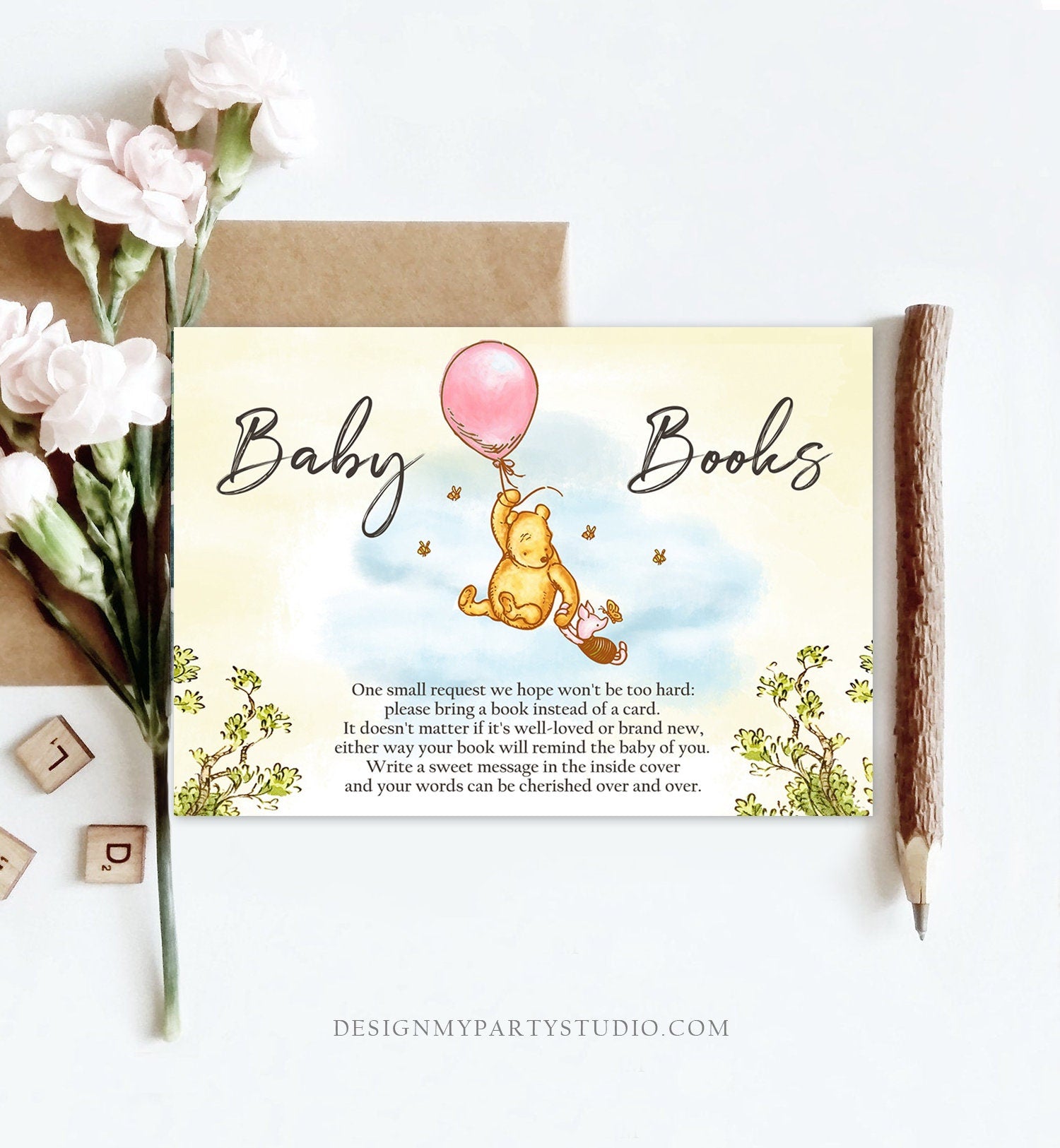 Editable Winnie The Pooh Bring a Book Card Classic Pooh Baby Shower Book Insert Books for Baby Girl Rustic Template PRINTABLE Corjl 0425