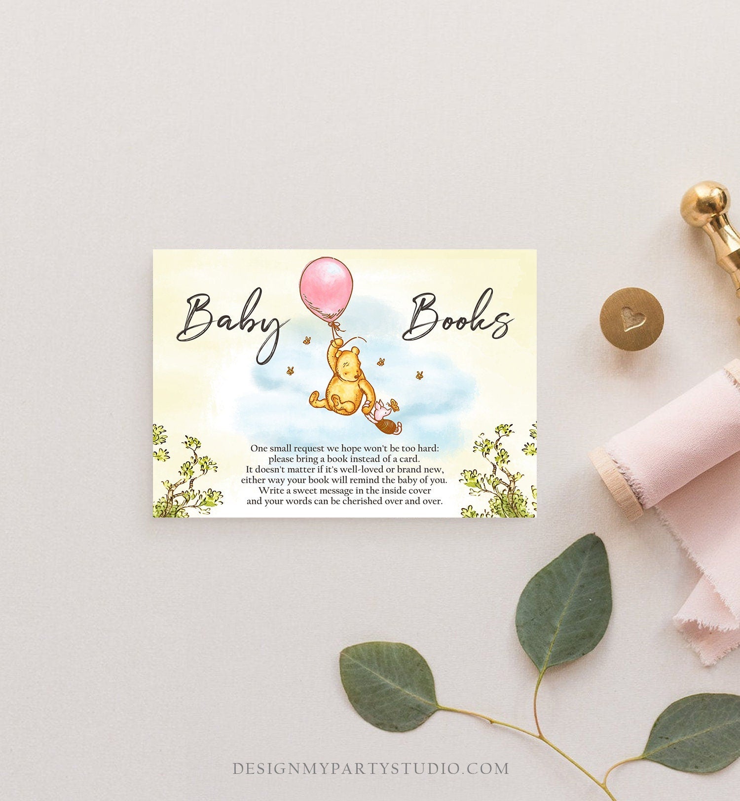 Editable Winnie The Pooh Bring a Book Card Classic Pooh Baby Shower Book Insert Books for Baby Girl Rustic Template PRINTABLE Corjl 0425