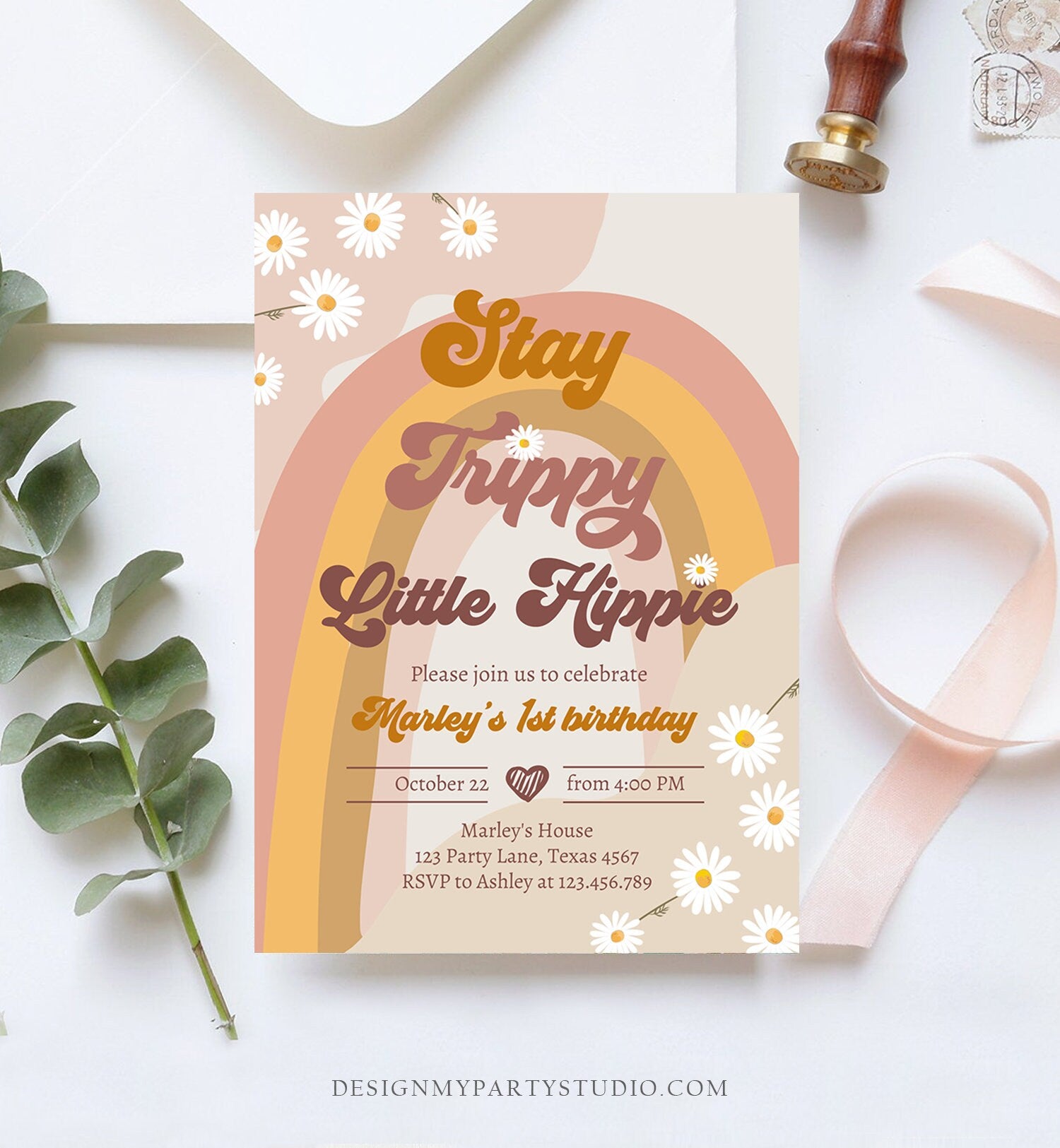 Editable Groovy Retro 1st Birthday Invitation First Birthday Retro Stay Trippy Little Hippie Download Printable Template Corjl Digital 0428