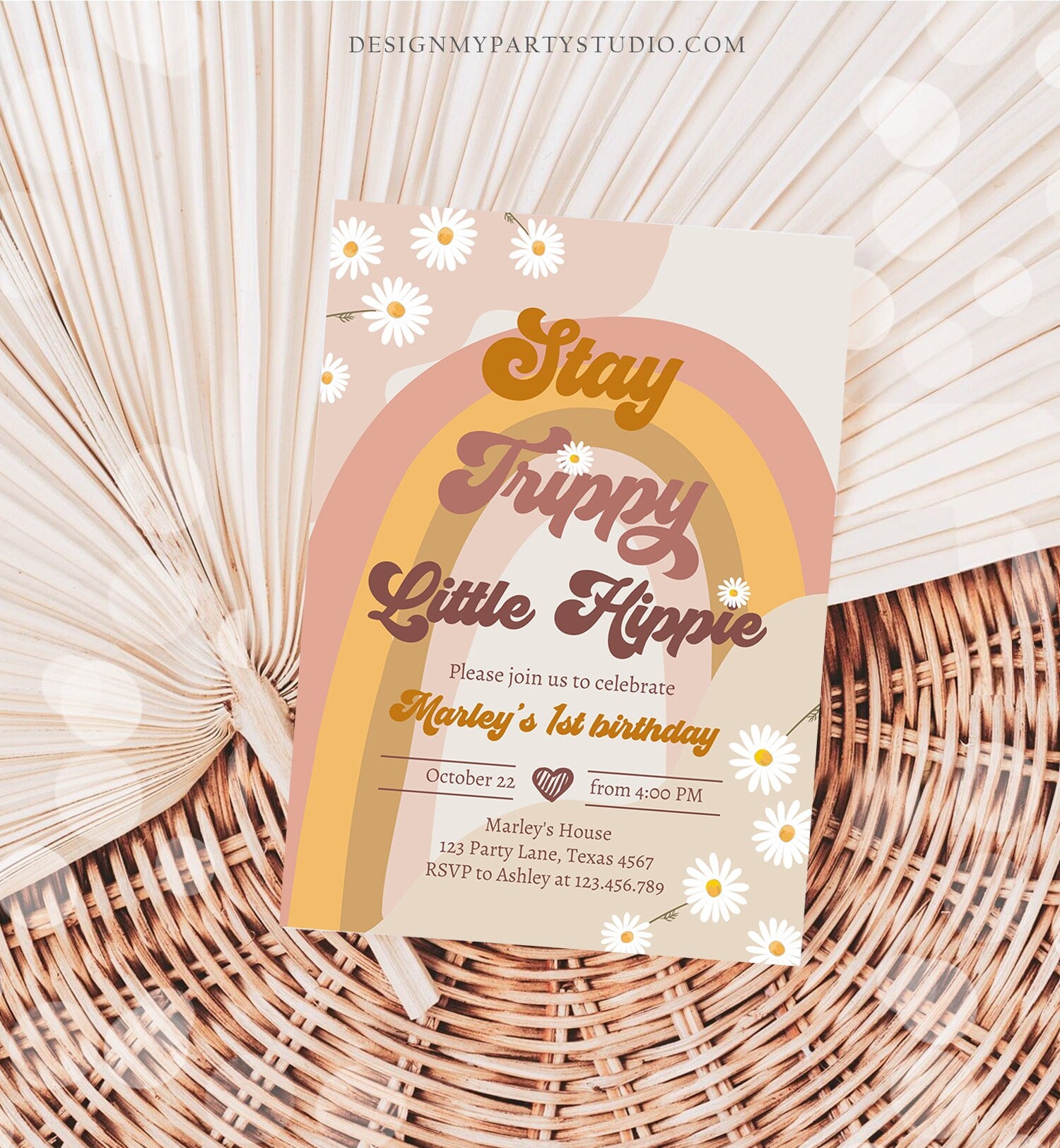 Editable Groovy Retro 1st Birthday Invitation First Birthday Retro Stay Trippy Little Hippie Download Printable Template Corjl Digital 0428