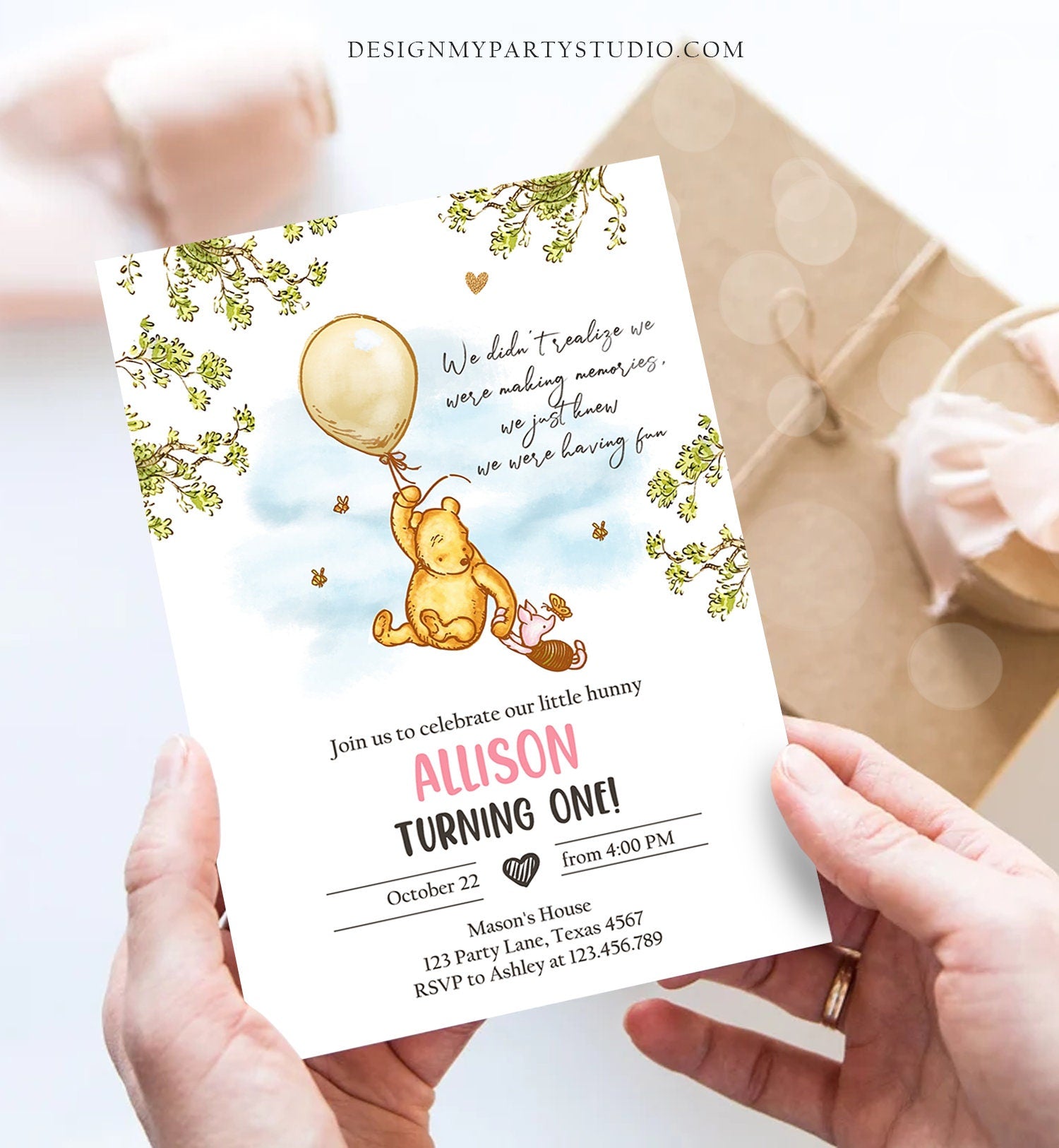 Editable Winnie The Pooh Invitation Girl Pink Rustic Classic Winnie The Pooh 1st Birthday Invite Digital Corjl Template Printable 0425