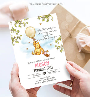 Editable Winnie The Pooh Invitation Girl Pink Rustic Classic Winnie The Pooh 1st Birthday Invite Digital Corjl Template Printable 0425