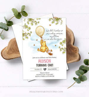 Editable Winnie The Pooh Invitation Girl Pink Rustic Classic Winnie The Pooh 1st Birthday Invite Digital Corjl Template Printable 0425