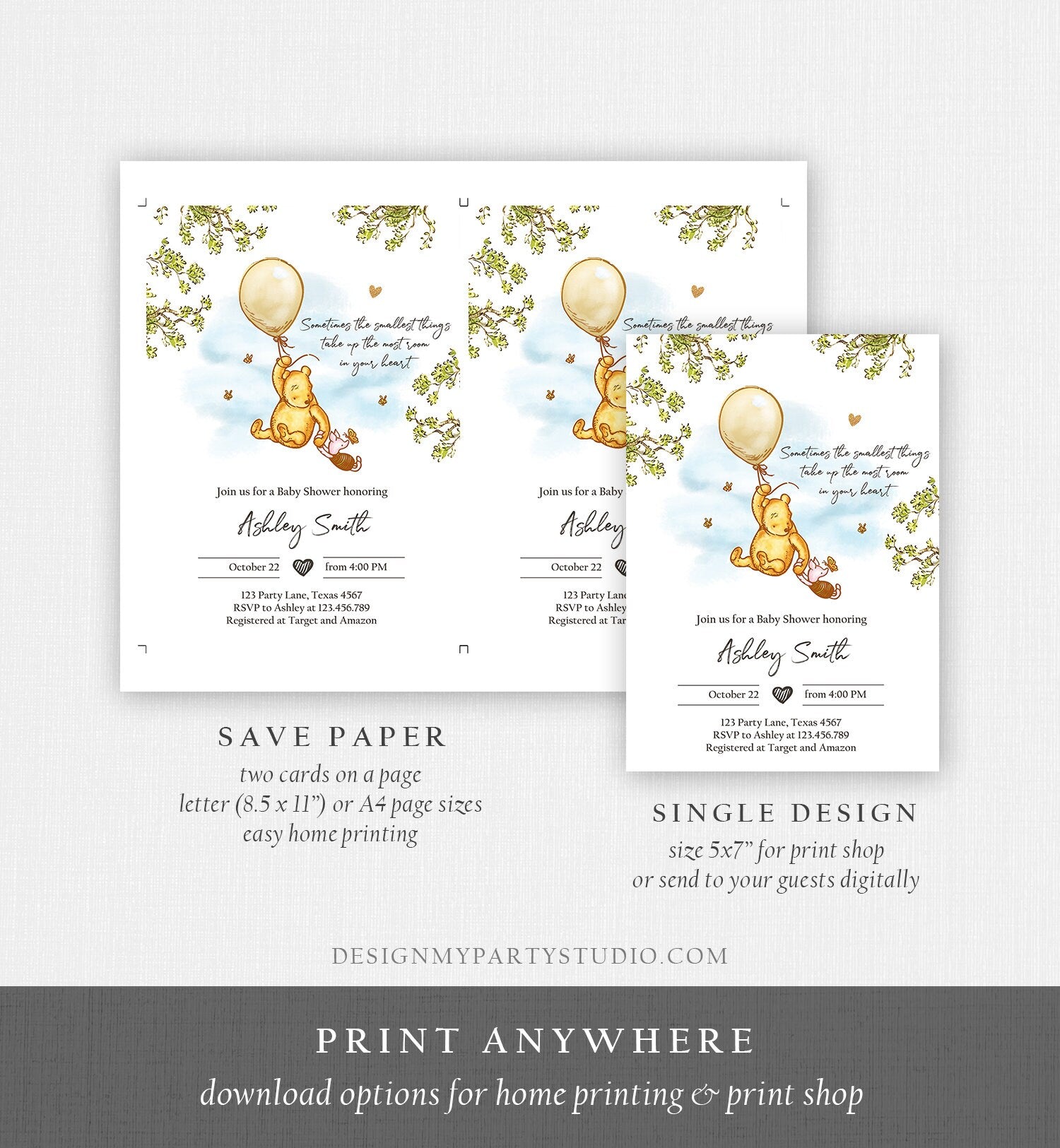 Editable Winnie The Pooh Baby Shower Invitation Gender Neutral Rustic Classic Winnie The Pooh Sprinkle Digital Corjl Template Printable 0425