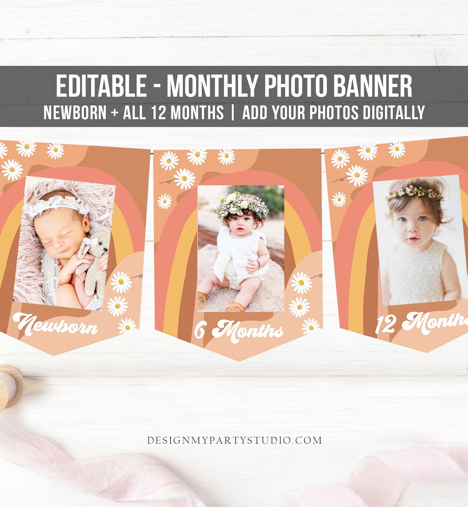 Editable Groovy First Birthday Banner Monthly Photo Banner Retro Daisy 70's Birthday Flower Power Hippie Girl Corjl Template Printable 0428