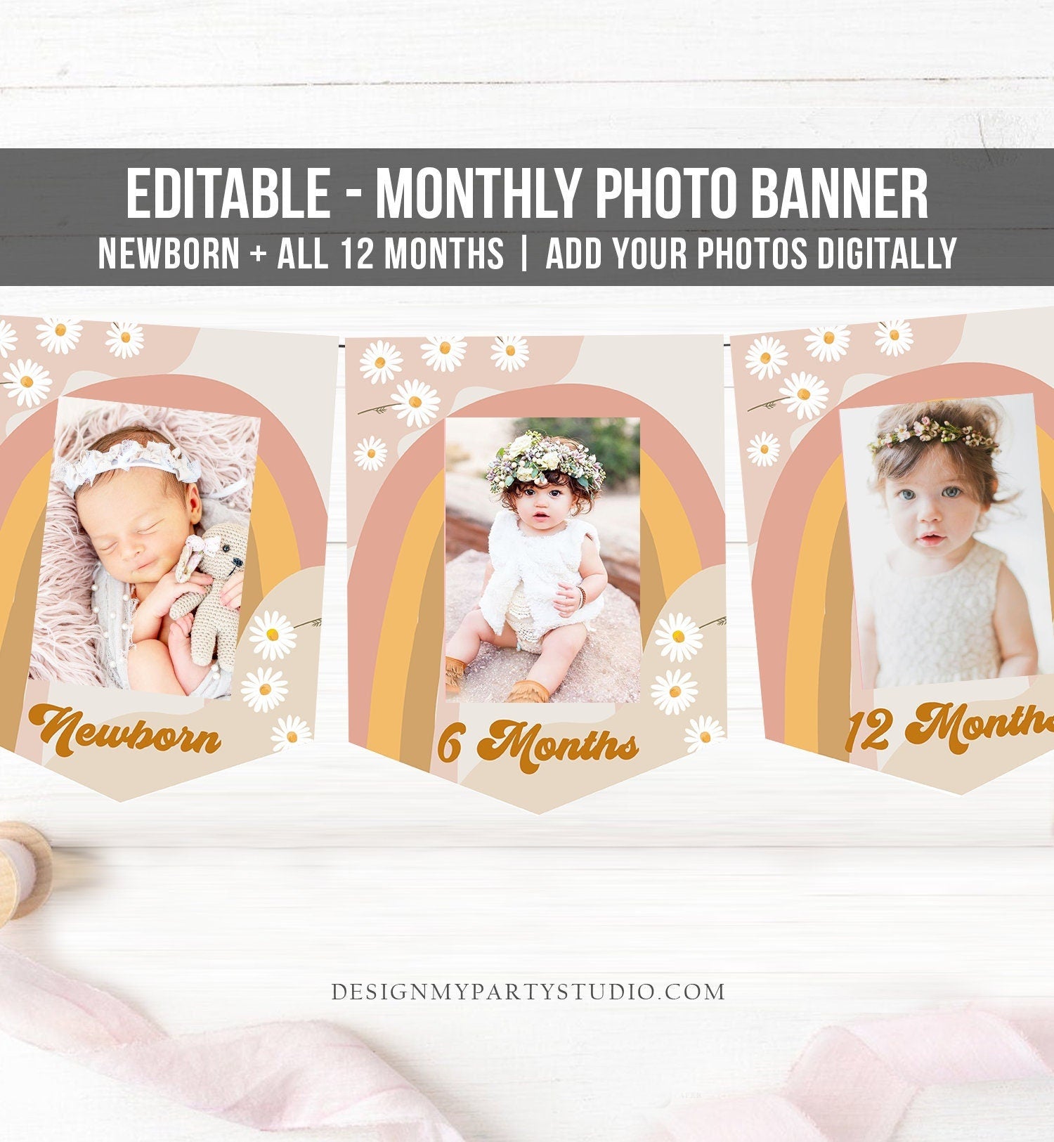 Editable Groovy First Birthday Banner Monthly Photo Banner Retro Daisy 70's Birthday Flower Power Hippie Girl Corjl Template Printable 0428