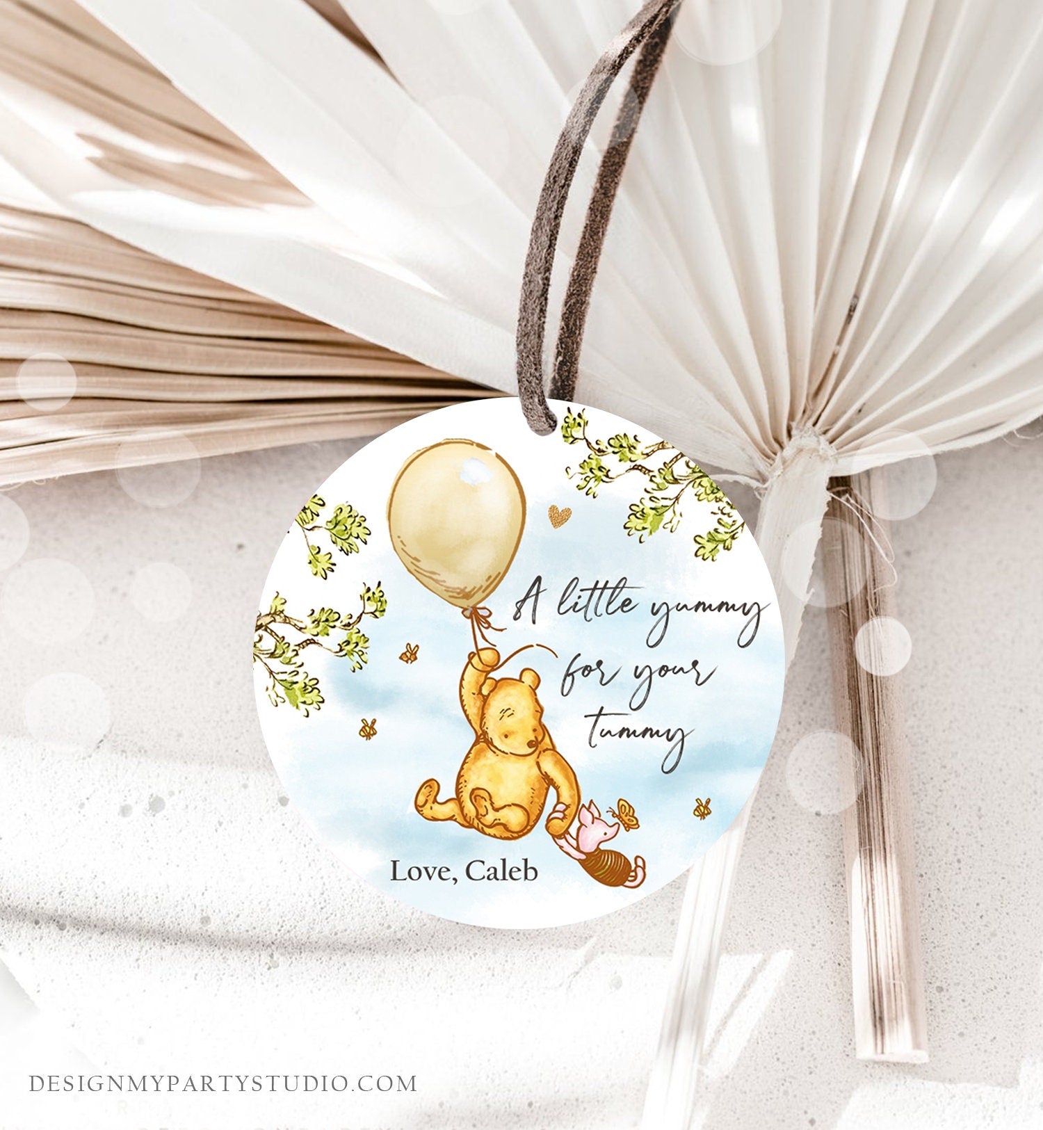 Editable Winnie The Pooh Favor Tags Pooh Baby Shower Thank you Sticker Birthday Yummy for Your Tummy Printable Download Corjl Template 0425