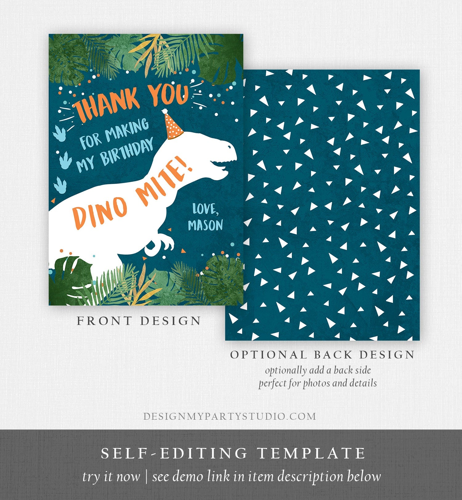 Editable Dinosaur Thank You Card Birthday Boy Black Navy Blue Gold Dino Party T-Rex Photo Download Printable Corjl Template Digital 0378