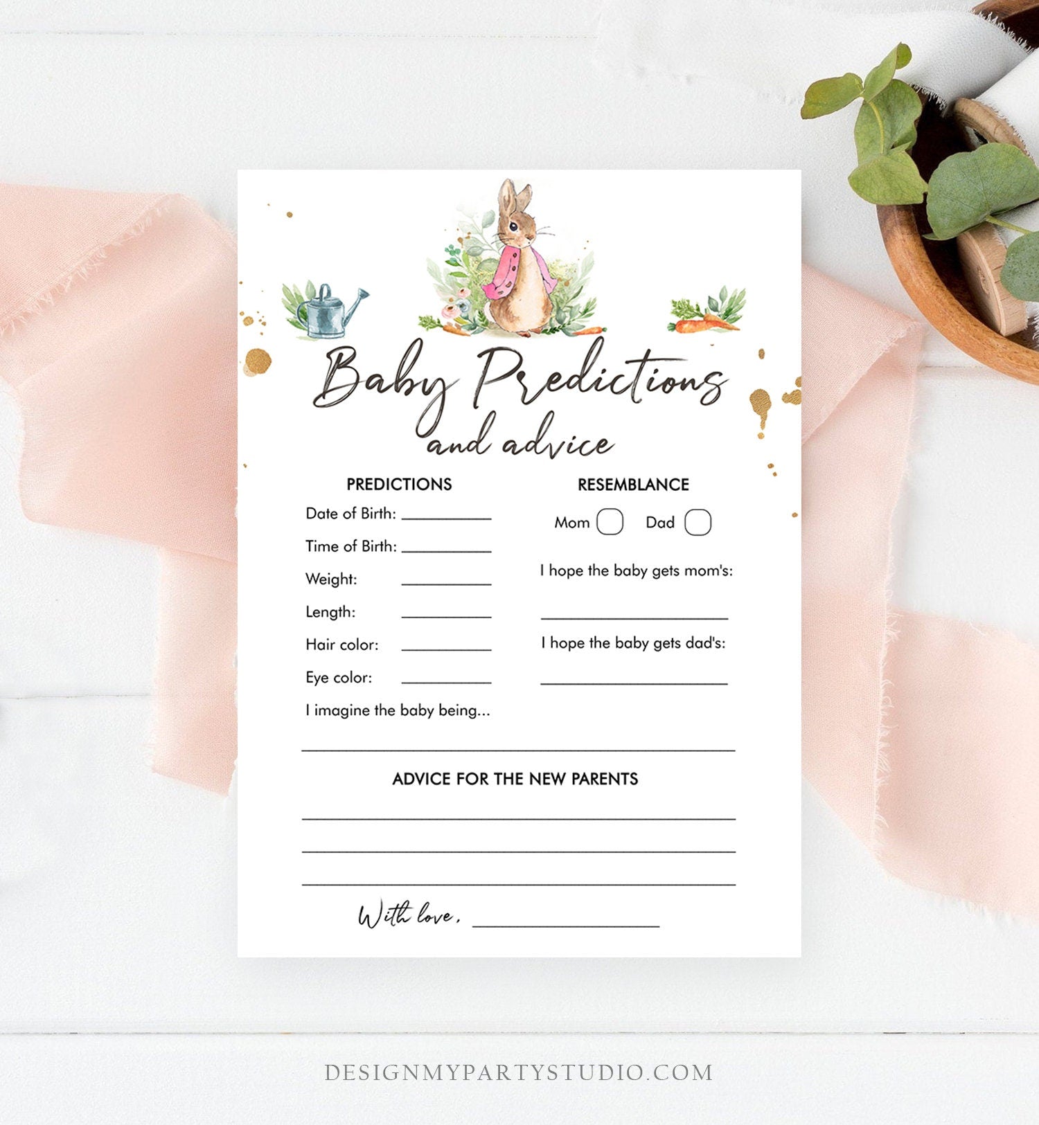 Editable Baby Predictions Baby Shower Game Advice for Parents Peter Rabbit Game Shower Activity Flopsy Bunny Corjl Template Printable 0351