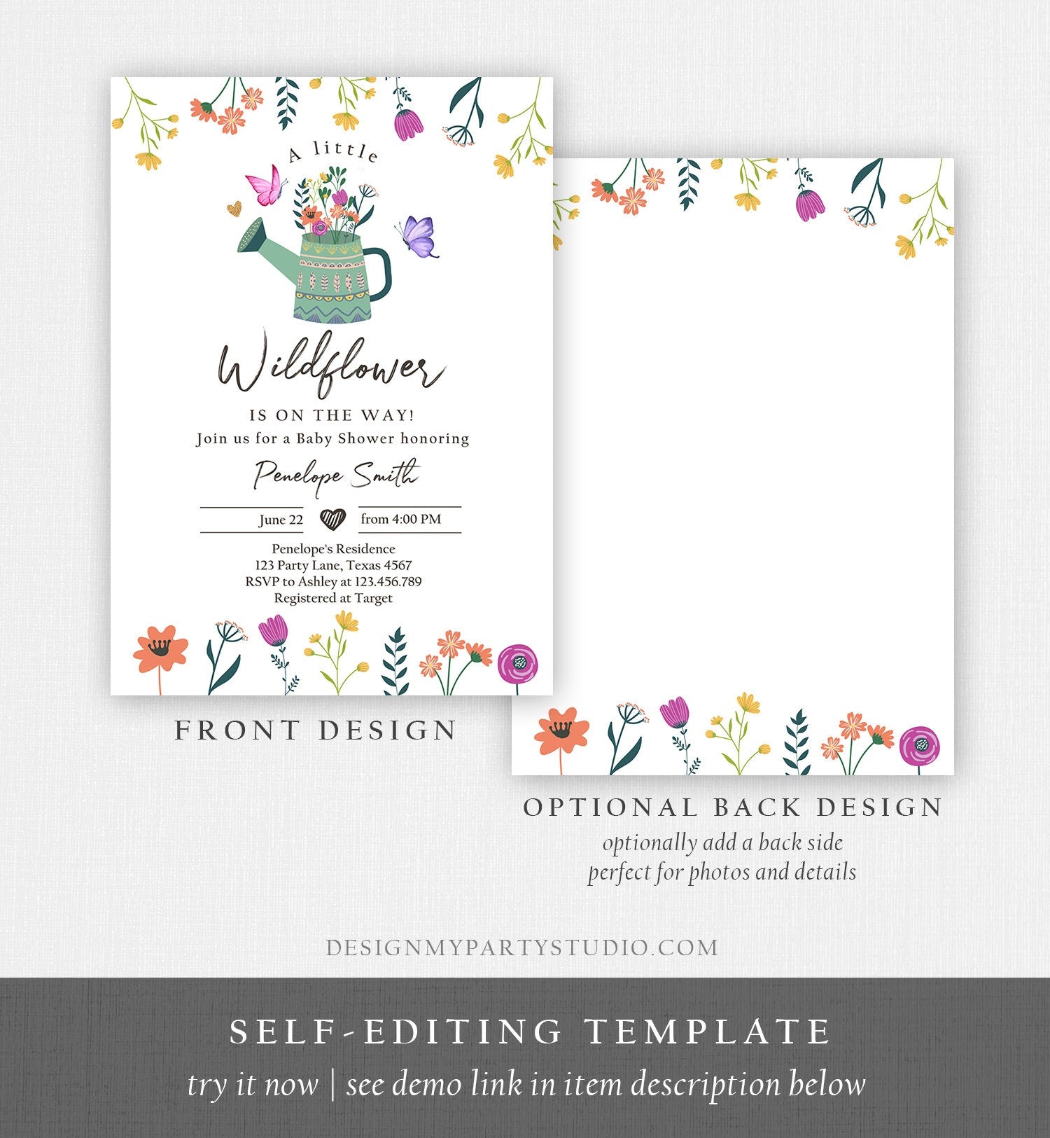 Editable Wildflower Baby Shower Invitation Boho Floral Spring Wildflowers Shower Butterfly Bohemian Download Corjl Template Printable 0396