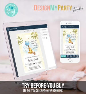 Editable Winnie The Pooh Baby Shower Evite Boy Blue Rustic Classic Winnie The Pooh Invitation Phone Digital Electronic Corjl Template 0425