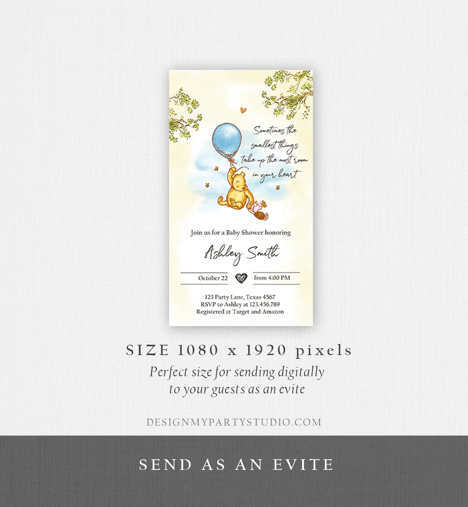 Editable Winnie The Pooh Baby Shower Evite Boy Blue Rustic Classic Winnie The Pooh Invitation Phone Digital Electronic Corjl Template 0425