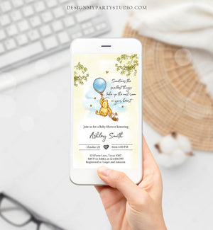 Editable Winnie The Pooh Baby Shower Evite Boy Blue Rustic Classic Winnie The Pooh Invitation Phone Digital Electronic Corjl Template 0425