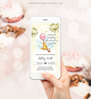 Editable Winnie The Pooh Baby Shower Evite Girl Pink Rustic Classic Winnie The Pooh Invitation Phone Digital Electronic Corjl Template 0425