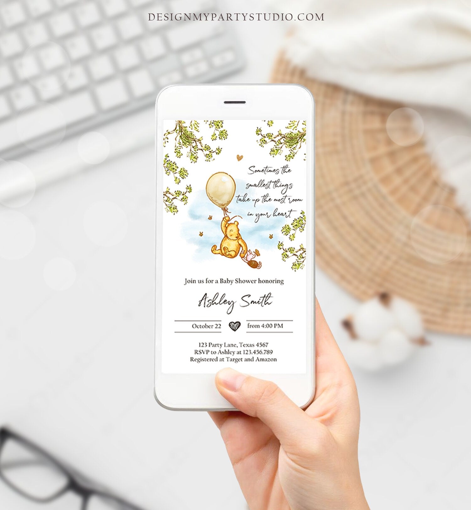 Editable Winnie The Pooh Baby Shower Evite Gender Neutral Classic Winnie The Pooh Invitation Phone Digital Electronic Corjl Template 0425