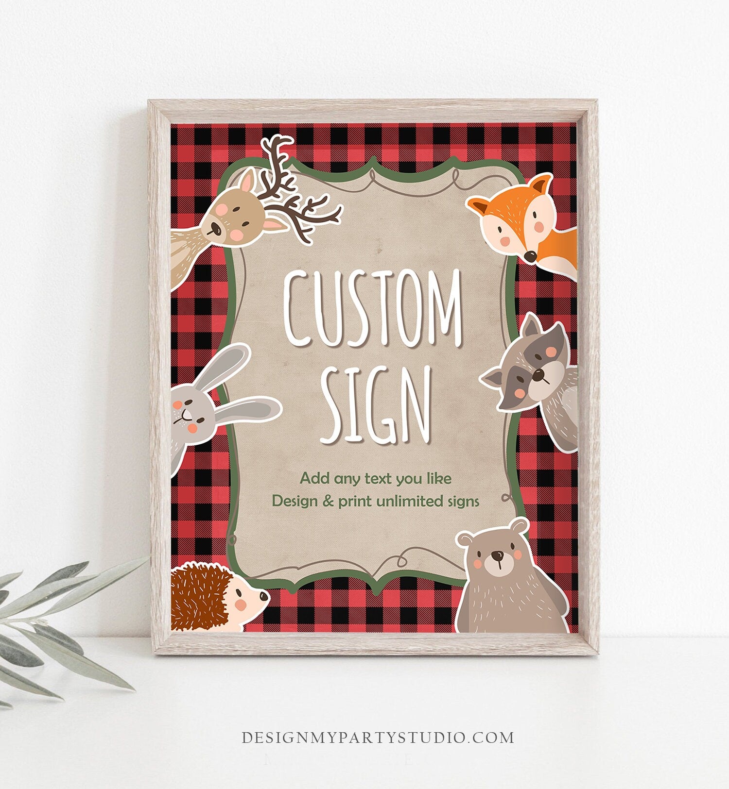 Editable Custom Sign Woodland Lumberjack Sign Birthday Party Animals Buffalo Plaid Adventure 8x10 Download Corjl Template PRINTABLE 0303