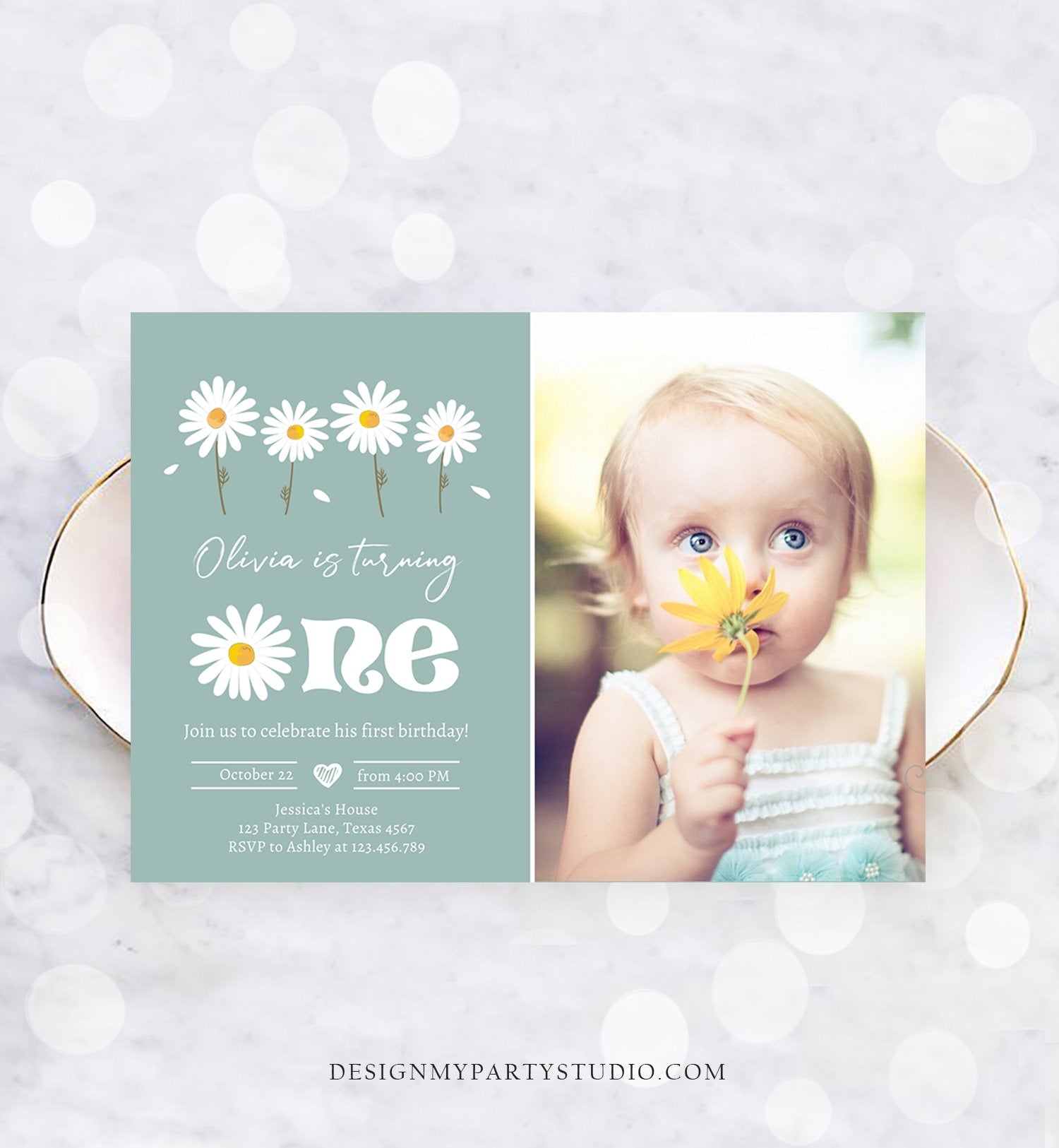 Editable Daisy Birthday Party Invitation First Birthday 1st One Party Bohemian Boy Girl Dusty Blue Download Corjl Template Printable 0410