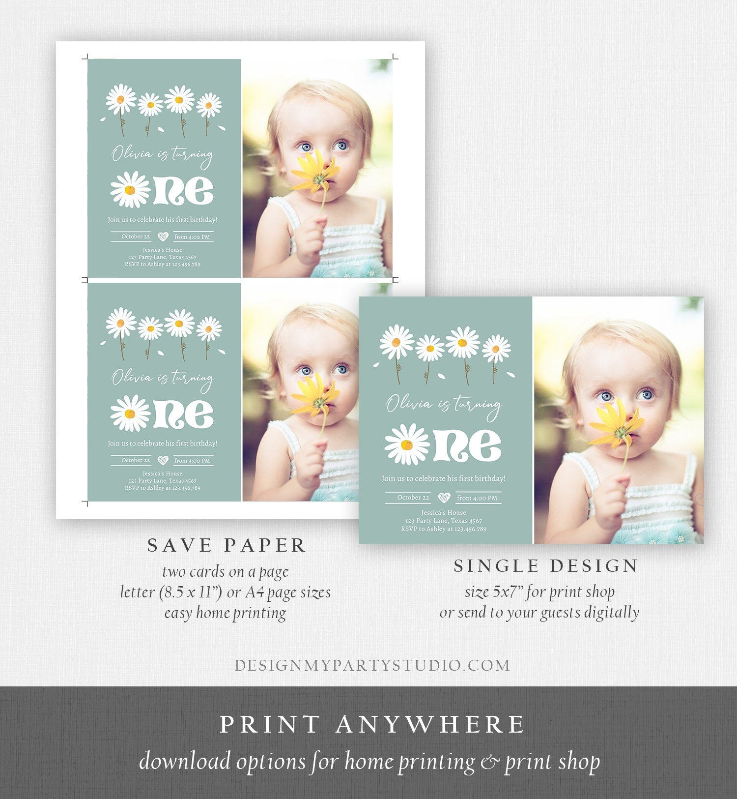 Editable Daisy Birthday Party Invitation First Birthday 1st One Party Bohemian Boy Girl Dusty Blue Download Corjl Template Printable 0410