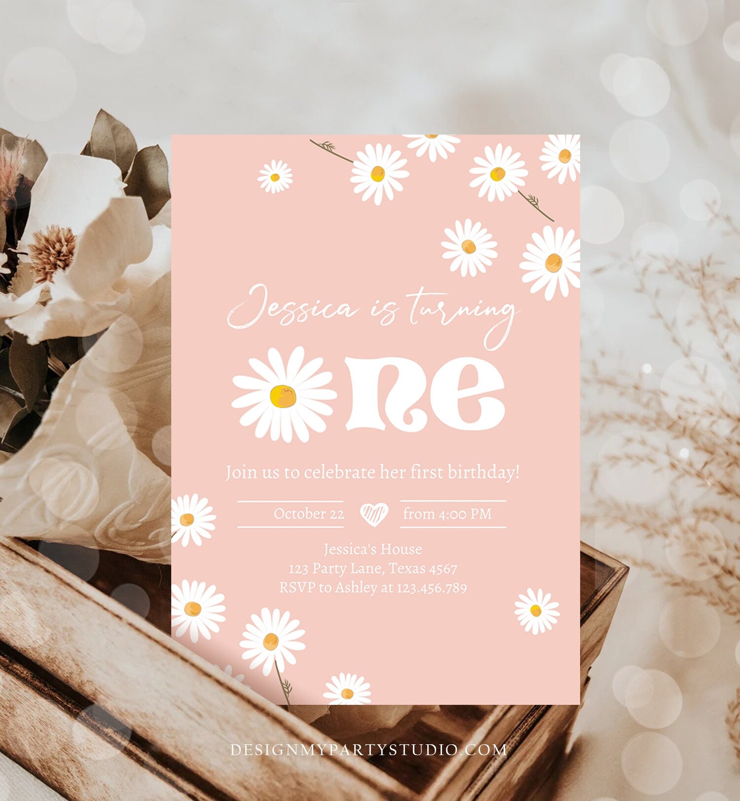 Editable Daisy Birthday Party Invitation 1st Birthday One Party Bohemian Girl Boho Pink First Download Printable Template Corjl Digital 0410