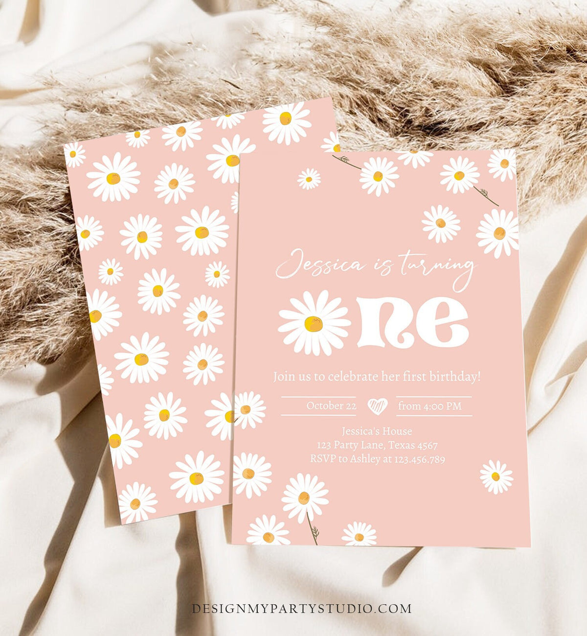 Editable Daisy Birthday Party Invitation 1st Birthday One Party Bohemian Girl Boho Pink First Download Printable Template Corjl Digital 0410