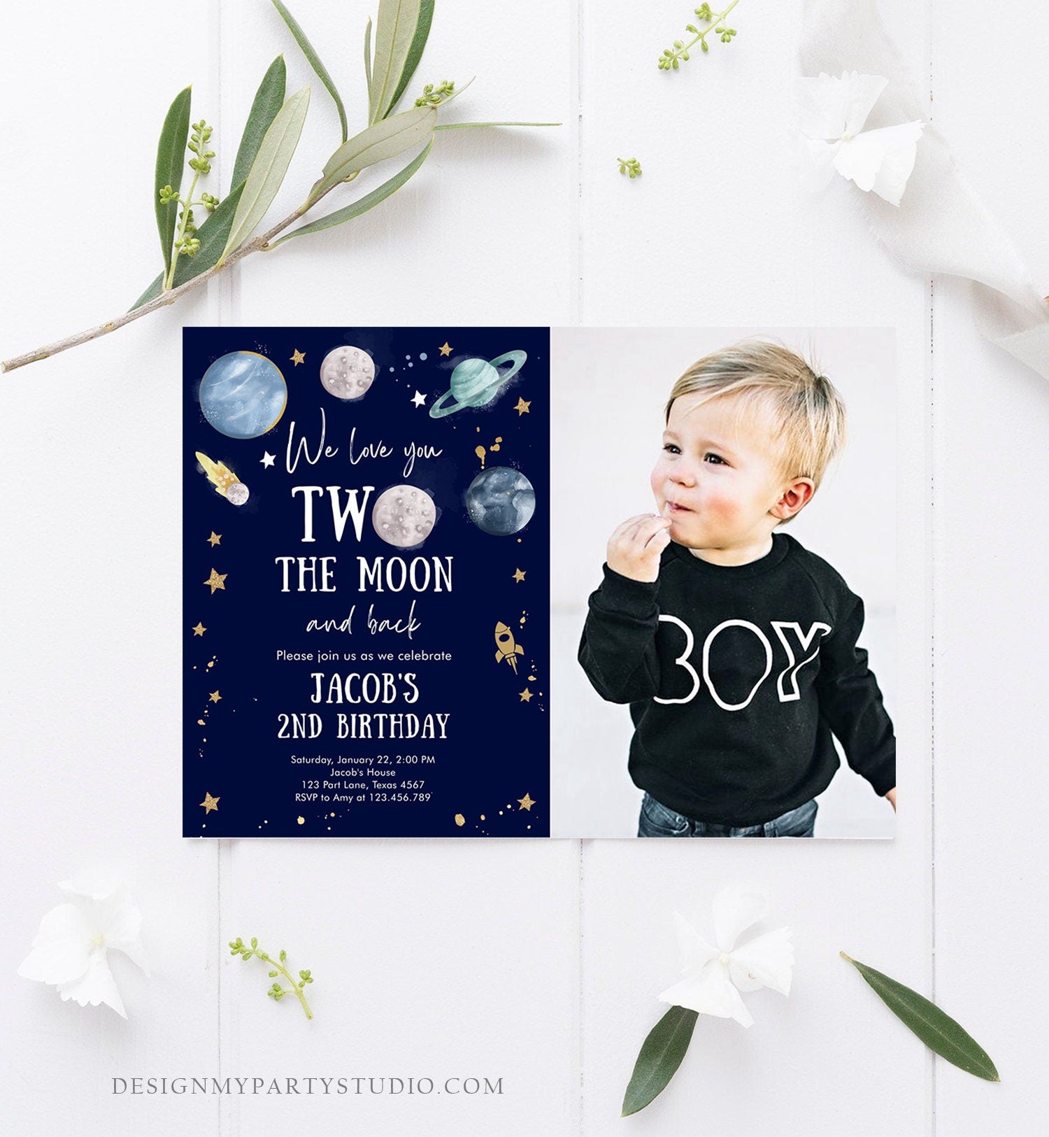 Editable Two the Moon Second Birthday Invitation Space Astronaut Love You to the Moon Galaxy 2nd Boy Printable Template Digital Corjl 0357