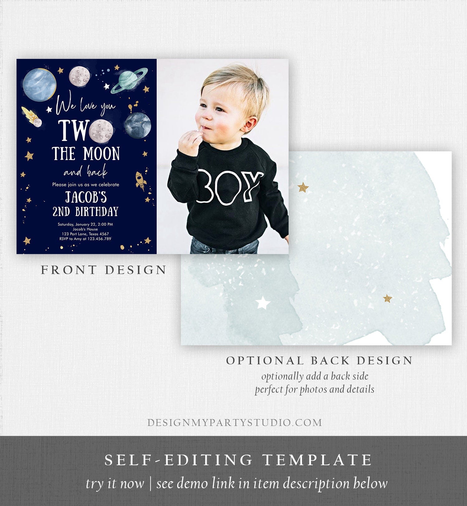 Editable Two the Moon Second Birthday Invitation Space Astronaut Love You to the Moon Galaxy 2nd Boy Printable Template Digital Corjl 0357