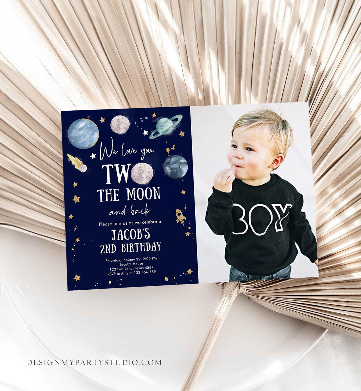 Editable Two the Moon Second Birthday Invitation Space Astronaut Love You to the Moon Galaxy 2nd Boy Printable Template Digital Corjl 0357