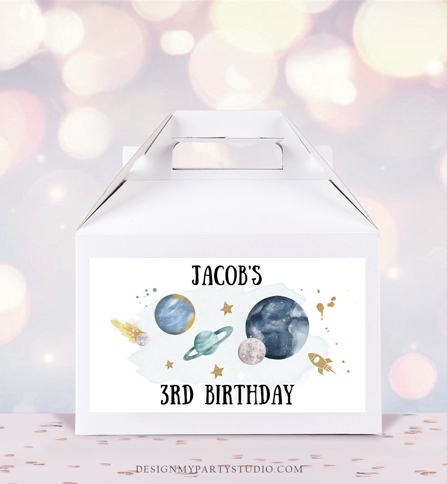 Editable Space Gable Box Label Outer Space Birthday Gift Box Labels First Trip Around the Sun Party Favors Download Printable Corjl 0357