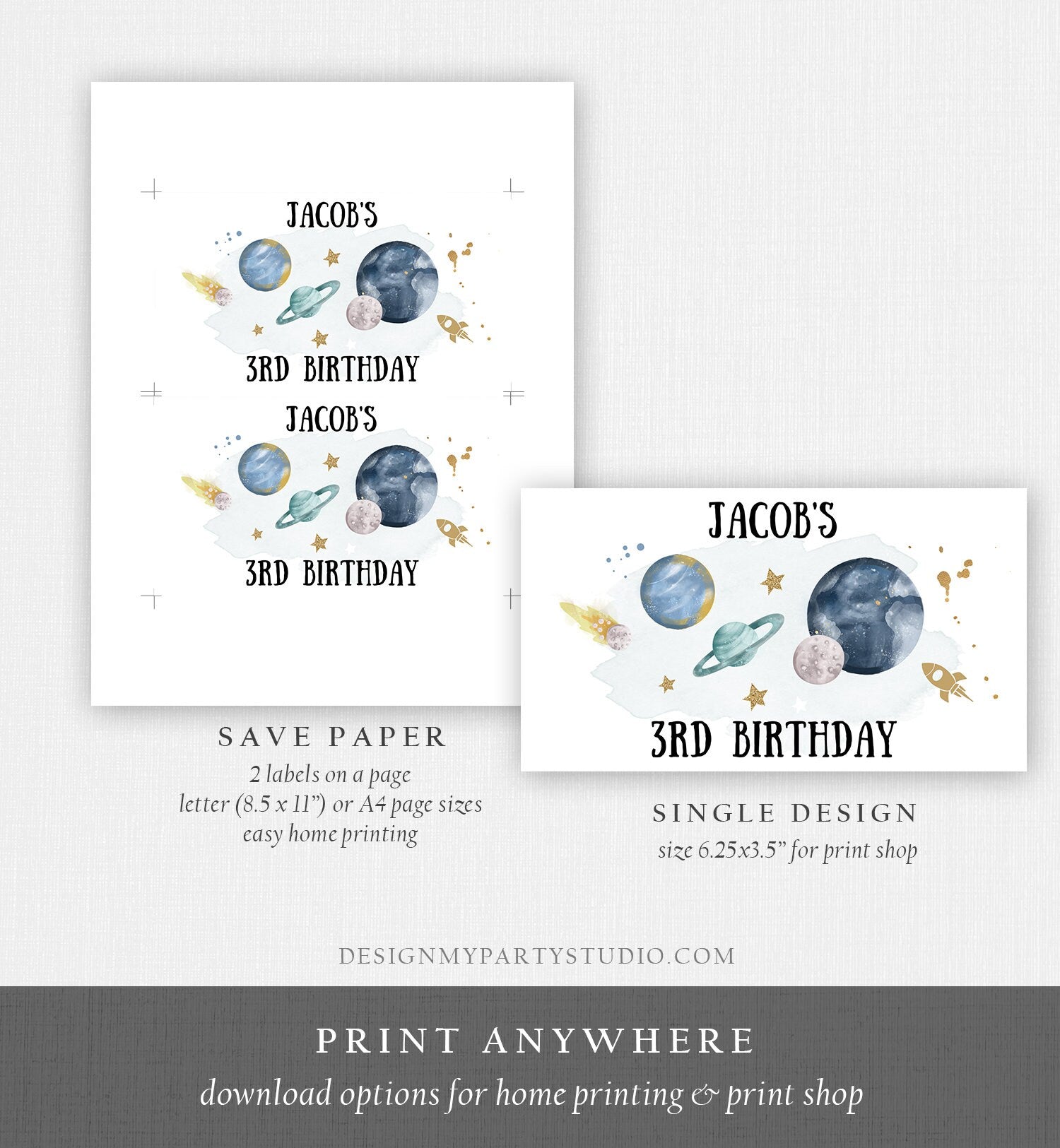 Editable Space Gable Box Label Outer Space Birthday Gift Box Labels First Trip Around the Sun Party Favors Download Printable Corjl 0357