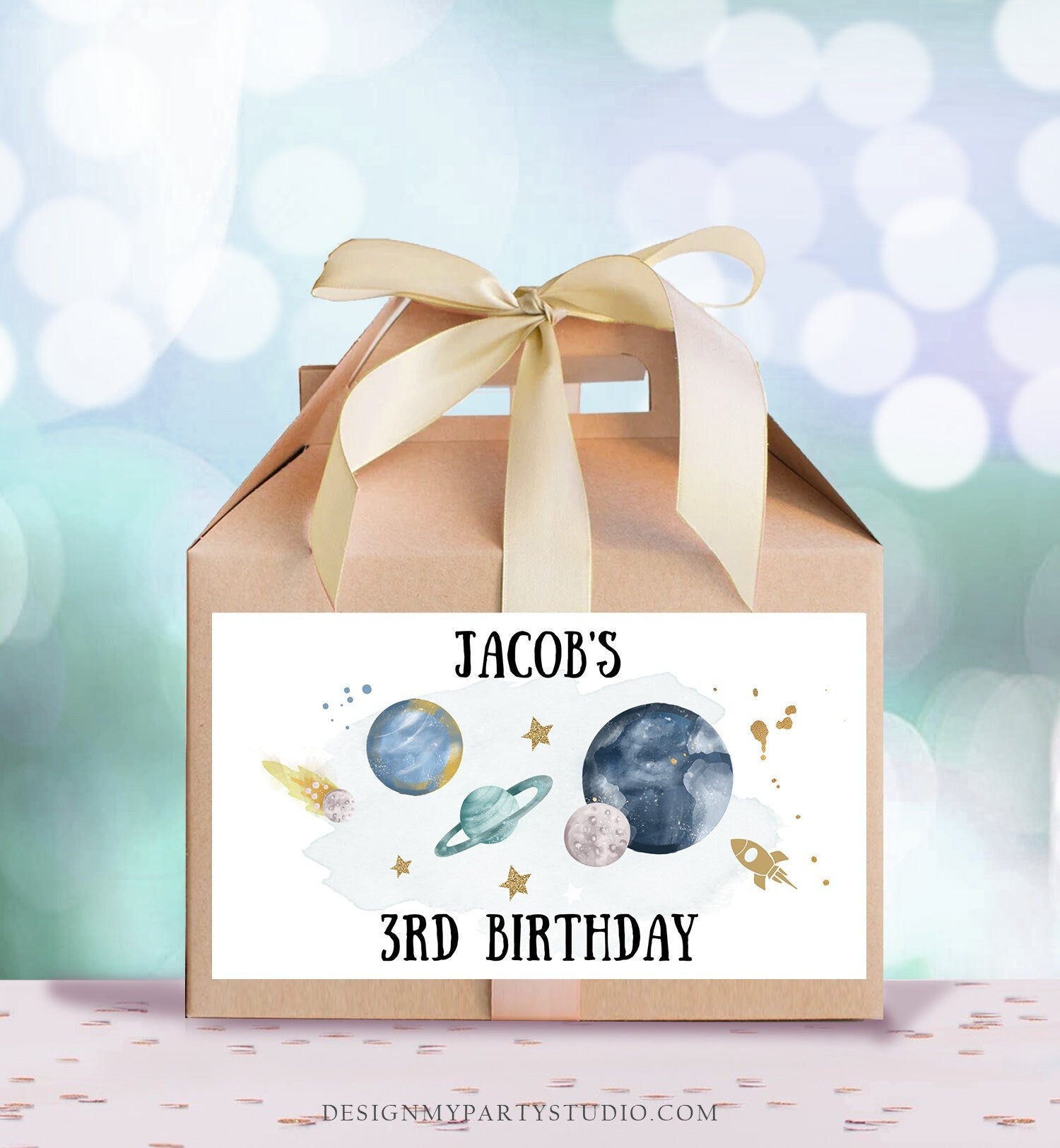 Editable Space Gable Box Label Outer Space Birthday Gift Box Labels First Trip Around the Sun Party Favors Download Printable Corjl 0357