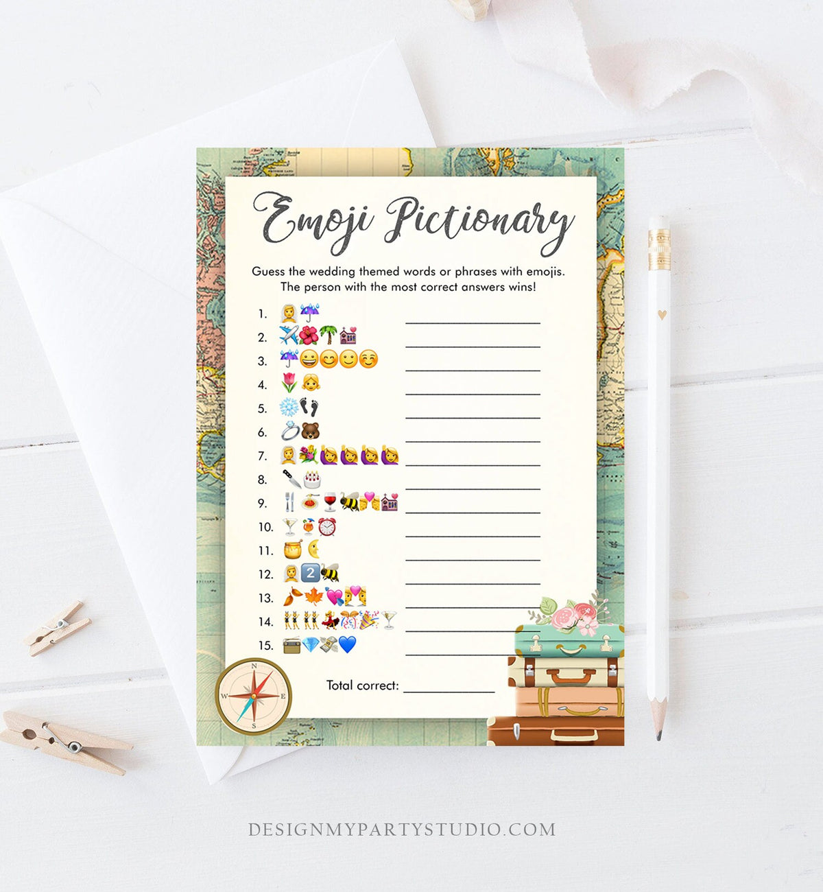 Editable Emoji Pictionary Bridal Shower Game Travel Adventure Emoticons Social Icons Wedding Activity Gold Corjl Template Printable 0044