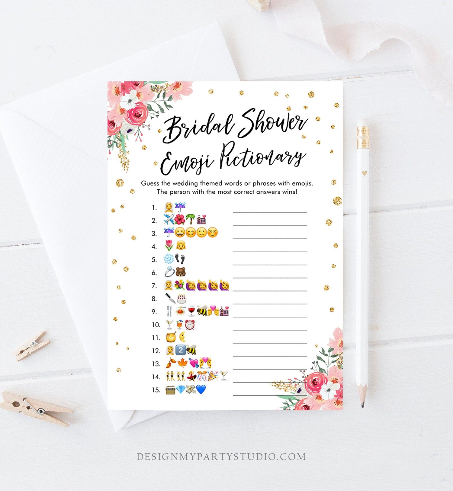 Editable Emoji Pictionary Bridal Shower Game Gold Pink Floral Emoticons Social Icons Wedding Activity Gold Corjl Template Printable 0030