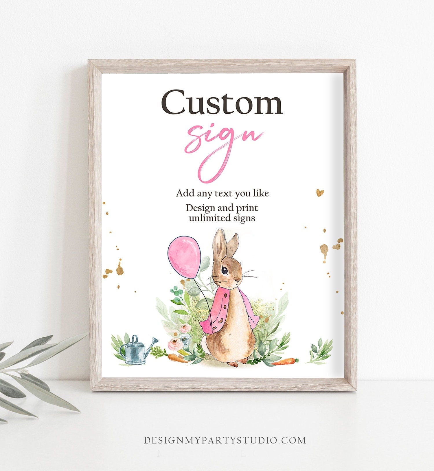 Editable Custom Sign Flopsy Rabbit Birthday Decor Table Peter Rabbit Shower Rustic Girl Pink Download Corjl Template Printable 8x10 0351