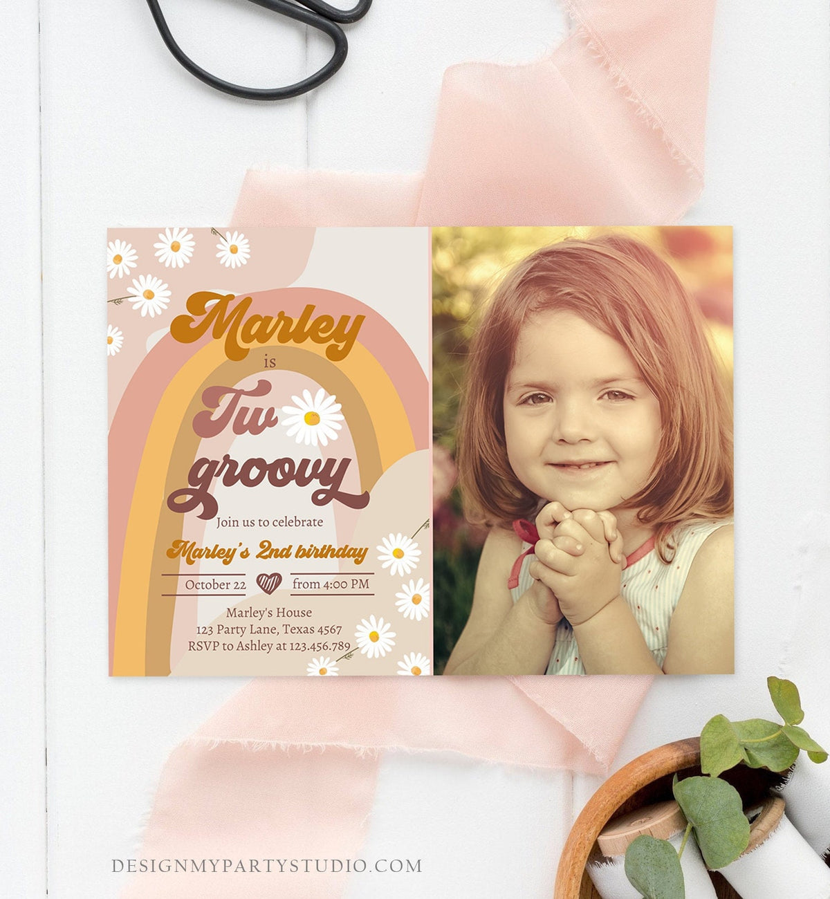 Editable Two Groovy Birthday Party Invitation 2nd Birthday Boho Retro Flower Power 70&#39;s Daisy Download Printable Template Corjl Digital 0428