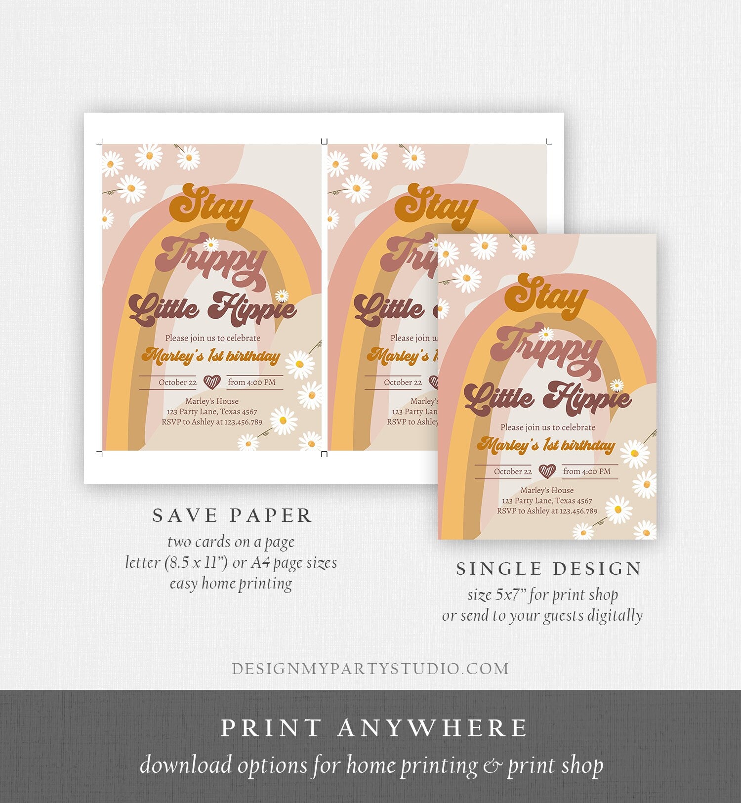 Editable Groovy Retro 1st Birthday Invitation First Birthday Retro Stay Trippy Little Hippie Download Printable Template Corjl Digital 0428